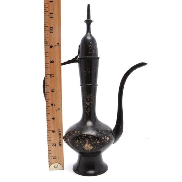 Vintage Brass Etched Aftaba Coffee Tea Pot and Vase Engraved Gold Black India - Picture 8 of 15